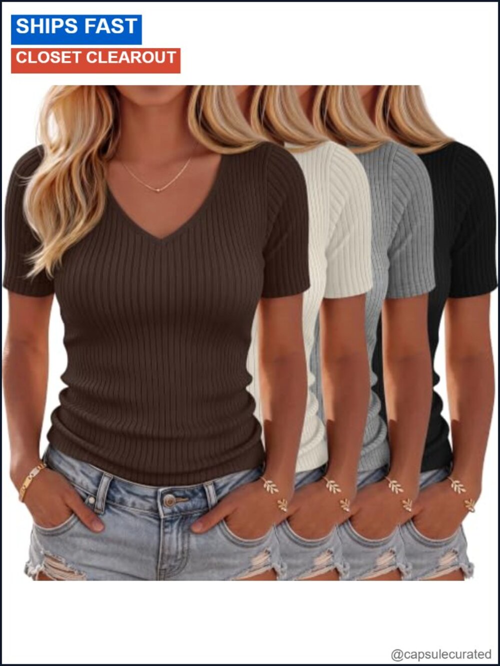 4 Pack Women's V Neck Ribbed Cotton Slim Fit T-Shirt Top
